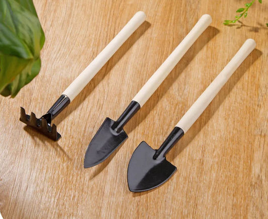 3pcs Mini Garden Tool Set - Wooden Handle & Metal Head Shovels and Rake